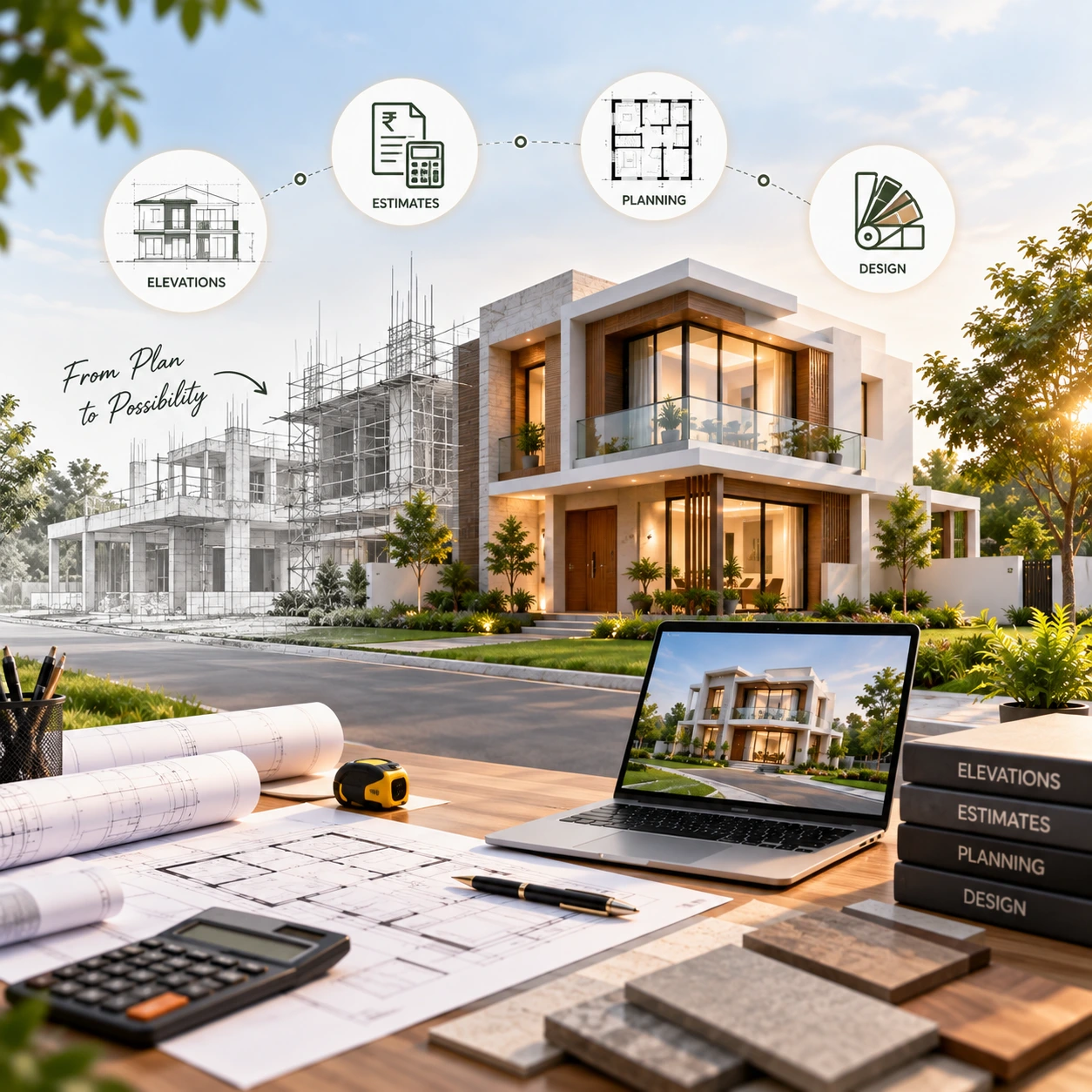 Editorial architectural study representing residential design and elevation